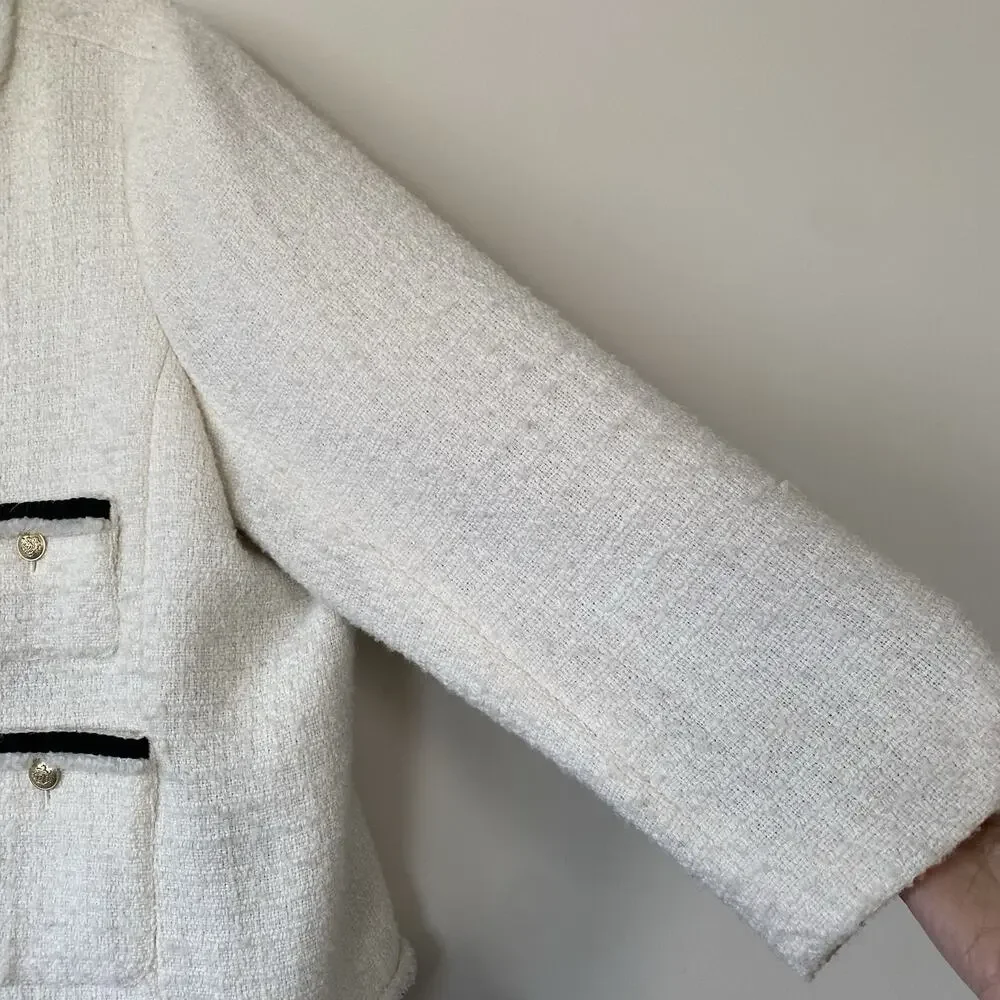 J. Crew Frances Lady Jacket in Ivory Tweed with Black Trim Gold Buttons SZ 22
